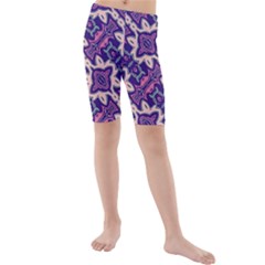 Amethyst And Pink Checkered Stripes Kids  Mid Length Swim Shorts by SpinnyChairDesigns