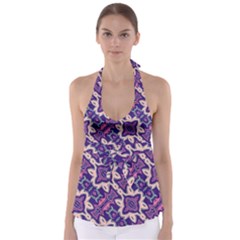 Amethyst And Pink Checkered Stripes Babydoll Tankini Top by SpinnyChairDesigns