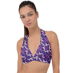 Amethyst And Pink Checkered Stripes Halter Plunge Bikini Top by SpinnyChairDesigns