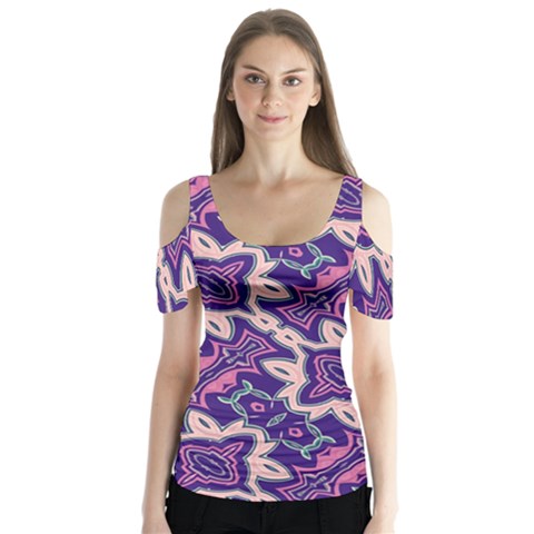 Amethyst And Pink Checkered Stripes Butterfly Sleeve Cutout Tee  by SpinnyChairDesigns