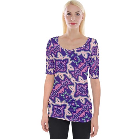 Amethyst And Pink Checkered Stripes Wide Neckline Tee by SpinnyChairDesigns