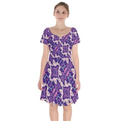 Amethyst And Pink Checkered Stripes Short Sleeve Bardot Dress by SpinnyChairDesigns