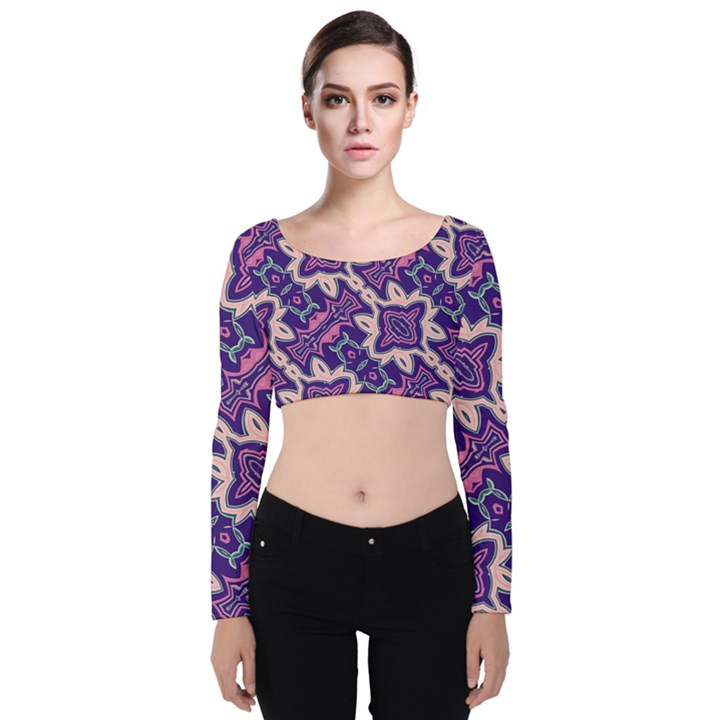 Amethyst and Pink Checkered Stripes Velvet Long Sleeve Crop Top