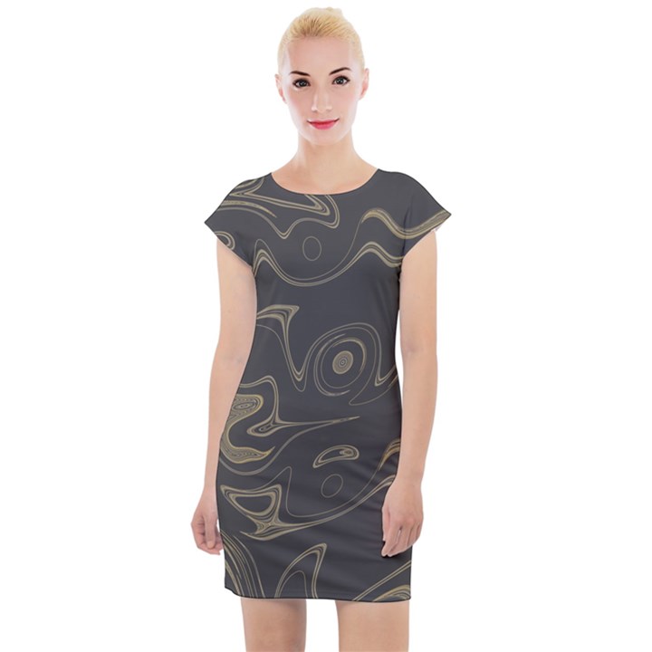 Taupe Umber Abstract Art Swirls Cap Sleeve Bodycon Dress