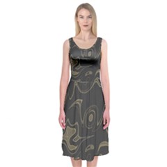 Taupe Umber Abstract Art Swirls Midi Sleeveless Dress by SpinnyChairDesigns