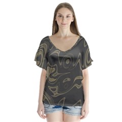 Taupe Umber Abstract Art Swirls V-neck Flutter Sleeve Top by SpinnyChairDesigns