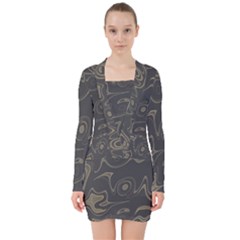 Taupe Umber Abstract Art Swirls V-neck Bodycon Long Sleeve Dress by SpinnyChairDesigns