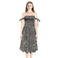 Taupe Umber Abstract Art Swirls Shoulder Tie Bardot Midi Dress by SpinnyChairDesigns