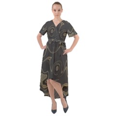 Taupe Umber Abstract Art Swirls Front Wrap High Low Dress