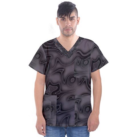 Dark Plum And Black Abstract Art Swirls Men s V-neck Scrub Top by SpinnyChairDesigns