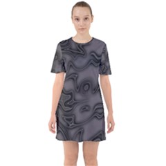 Dark Plum And Black Abstract Art Swirls Sixties Short Sleeve Mini Dress by SpinnyChairDesigns