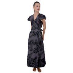 Dark Plum And Black Abstract Art Swirls Flutter Sleeve Maxi Dress by SpinnyChairDesigns