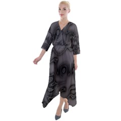 Dark Plum And Black Abstract Art Swirls Quarter Sleeve Wrap Front Maxi Dress by SpinnyChairDesigns