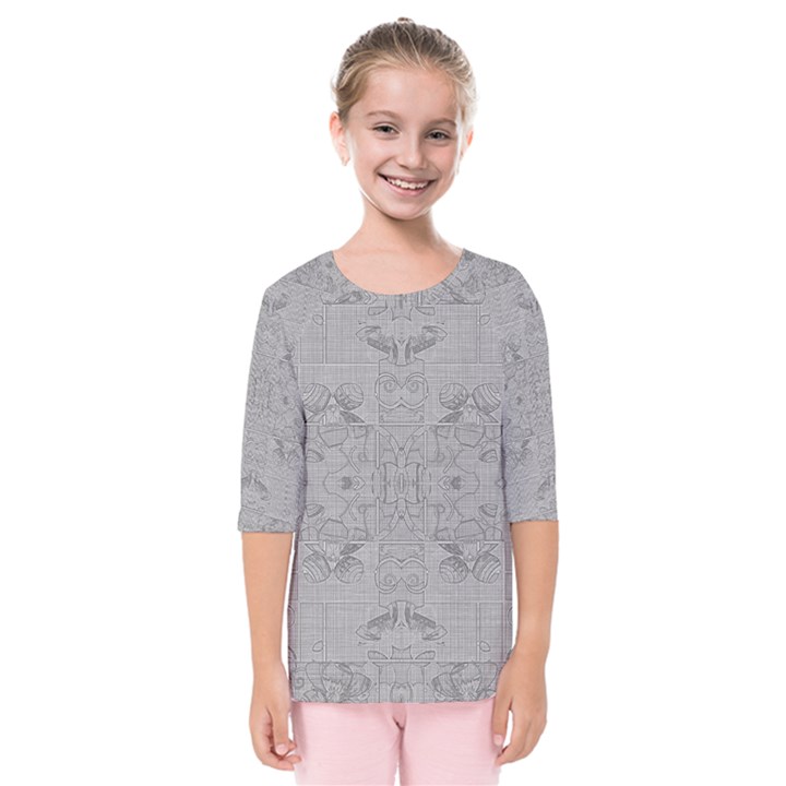 Silver Grey Decorative Floral Pattern Kids  Quarter Sleeve Raglan Tee