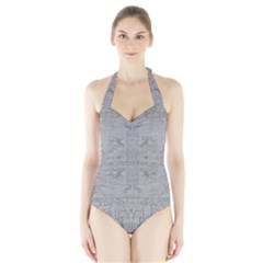 Silver Grey Decorative Floral Pattern Halter Swimsuit by SpinnyChairDesigns