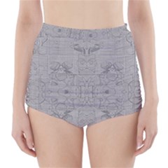 Silver Grey Decorative Floral Pattern High-waisted Bikini Bottoms by SpinnyChairDesigns