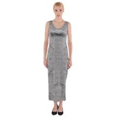 Silver Grey Decorative Floral Pattern Fitted Maxi Dress by SpinnyChairDesigns