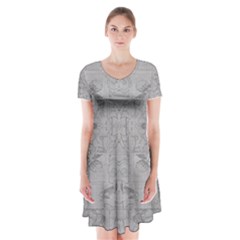 Silver Grey Decorative Floral Pattern Short Sleeve V-neck Flare Dress by SpinnyChairDesigns