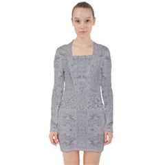 Silver Grey Decorative Floral Pattern V-neck Bodycon Long Sleeve Dress by SpinnyChairDesigns