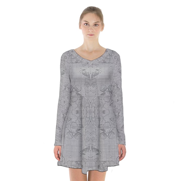 Silver Grey Decorative Floral Pattern Long Sleeve Velvet V-neck Dress