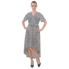 Silver Grey Decorative Floral Pattern Front Wrap High Low Dress