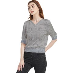 Silver Grey Decorative Floral Pattern Quarter Sleeve Blouse