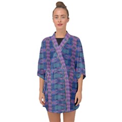 Purple Blue Ikat Stripes Half Sleeve Chiffon Kimono by SpinnyChairDesigns