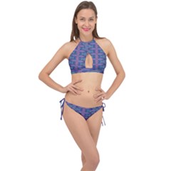 Purple Blue Ikat Stripes Cross Front Halter Bikini Set by SpinnyChairDesigns