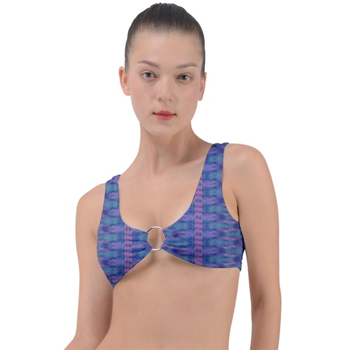 Purple Blue Ikat Stripes Ring Detail Bikini Top