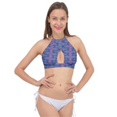 Purple Blue Ikat Stripes Cross Front Halter Bikini Top by SpinnyChairDesigns