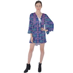 Purple Blue Ikat Stripes V-neck Flare Sleeve Mini Dress by SpinnyChairDesigns