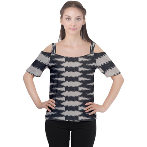 Black And White Zebra Ikat Stripes Cutout Shoulder Tee by SpinnyChairDesigns