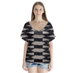 Black And White Zebra Ikat Stripes V-neck Flutter Sleeve Top by SpinnyChairDesigns