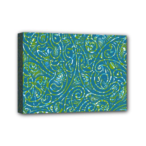 Abstract Blue Green Jungle Paisley Mini Canvas 7  X 5  (stretched) by SpinnyChairDesigns