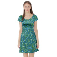 Abstract Blue Green Jungle Paisley Short Sleeve Skater Dress by SpinnyChairDesigns