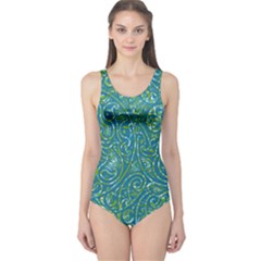 Abstract Blue Green Jungle Paisley One Piece Swimsuit by SpinnyChairDesigns