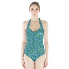 Abstract Blue Green Jungle Paisley Halter Swimsuit by SpinnyChairDesigns