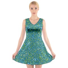 Abstract Blue Green Jungle Paisley V-neck Sleeveless Dress by SpinnyChairDesigns