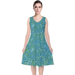 Abstract Blue Green Jungle Paisley V-neck Midi Sleeveless Dress  by SpinnyChairDesigns