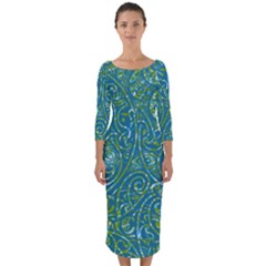 Abstract Blue Green Jungle Paisley Quarter Sleeve Midi Bodycon Dress by SpinnyChairDesigns