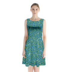 Abstract Blue Green Jungle Paisley Sleeveless Waist Tie Chiffon Dress by SpinnyChairDesigns