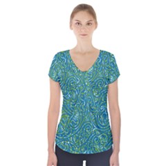 Abstract Blue Green Jungle Paisley Short Sleeve Front Detail Top by SpinnyChairDesigns