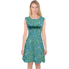 Abstract Blue Green Jungle Paisley Capsleeve Midi Dress by SpinnyChairDesigns