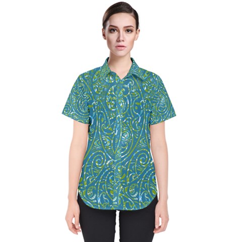 Abstract Blue Green Jungle Paisley Women s Short Sleeve Shirt by SpinnyChairDesigns