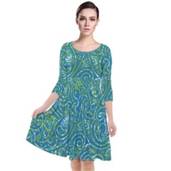 Abstract Blue Green Jungle Paisley Quarter Sleeve Waist Band Dress by SpinnyChairDesigns