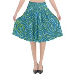 Abstract Blue Green Jungle Paisley Flared Midi Skirt by SpinnyChairDesigns