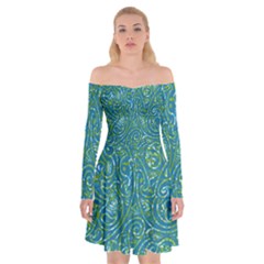 Abstract Blue Green Jungle Paisley Off Shoulder Skater Dress by SpinnyChairDesigns