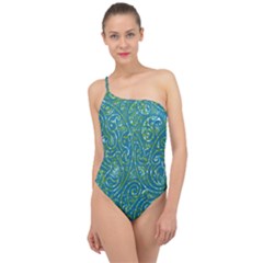 Abstract Blue Green Jungle Paisley Classic One Shoulder Swimsuit by SpinnyChairDesigns