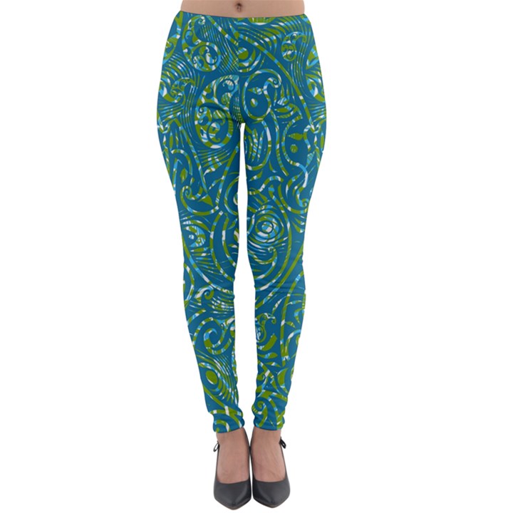 Abstract Blue Green Jungle Paisley Lightweight Velour Leggings