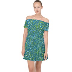 Abstract Blue Green Jungle Paisley Off Shoulder Chiffon Dress by SpinnyChairDesigns